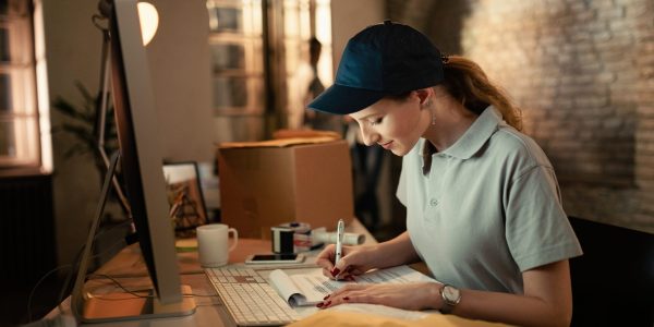 Delivery woman writing reports while preparing package for a shipment in the office.
